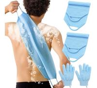 LUFFLOK Bath Sets, 2Pcs Exfoliating Glove and 2Pcs Body Scrubber, Back Scrubbers for Use in Shower, Exfoliating Mitt and Exfoliating Towel for Body, Face, Shower, Bath and Deep Cleansing (Blue)