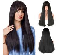 LUFFLOK Black Wigs Long Straight Wig for Women Girl, Straight Wig with Flat Bangs Natural Shoulder Length Hair Heat Resistant Synthetic Wig for Party Cosplay Daily Use Ladies Long Hair Wig 28" (Black)