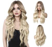 LUFFLOK Long Wave Ombre Brown to Blonde Wigs for Women, 27’’ Long Curly Wigs Heat Resistant Natural Ombre Wig with Wig Net Synthetic Hair Wigs for Ladies Fancy Dress Party Cosplay Daily Use (Blonde)
