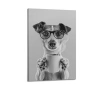 LUFPOTH Jack Russell And Coffee Wall Art, Black And White Print Canvas Wall Art Decor Living Room Modern Family Bedroom 16x24inch(40x60cm) Frame-style