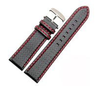 LUGEMA 18mm 20mm 22mm 24mm Black Red Orange Stitching Carbon Fiber Leather Watch Band(Black red line,22MM_SILVER BUCKLE)