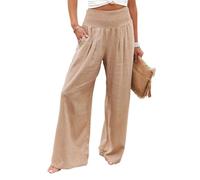 LUGEZLRJ Wide Leg Linen Pants for Women Casual High Waisted Palazzo Pants Trousers Resort Wear Beach Trendy with Pocket(Khaki,XL)