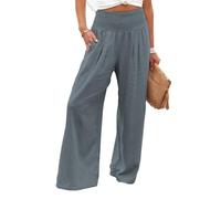LUGEZLRJ Wide Leg Linen Pants for Women Casual High Waisted Palazzo Pants Trousers Resort Wear Beach Trendy with Pocket(Haze blue,S)