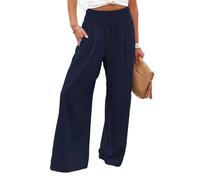 LUGEZLRJ Wide Leg Linen Pants for Women Casual High Waisted Palazzo Pants Trousers Resort Wear Beach Trendy with Pocket(Navy blue,XXX-Large)