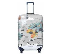 Luggage Cover Protector Suitcase Cover - The World Map with Cartoon Animals Santi-Scratch Uitcase Cover for Luggage, Black, Small