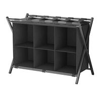 Luggage Rack with Storage, Metal Folding Suitcase Stand with 6 Cube Fabric Storage Shelf, Portable Luggage Racks, 2 Tier Suitcase Luggage Travel Chest Storage Stand for Bedroom Home Hotel, Black