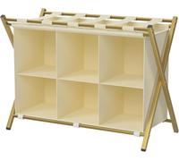 Luggage Rack with Storage, Metal Folding Suitcase Stand with 6 Cube Fabric Storage Shelf, Portable Luggage Racks, 2 Tier Suitcase Luggage Travel Chest Storage Stand for Bedroom Home Hotel, Gold