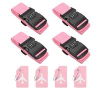 Luggage Strap with Combination Lock Luggage Tag and Loop 78"x2", 4 Set Adjustable Suitcase Belt for Travel Packing Bag Closure Identify, Fluorescent Green(Pink)