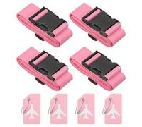 Luggage Strap with Luggage Tag and Loop 78"x2", 4 Set Adjustable Suitcase Belt for Travel Packing Bag Closure Identify, Rose Red(Pink)