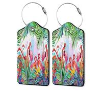 Luggage Tag, Flamingo Luggage Tags for Suitcases with Privacy Name Id Card PU Leather Luggage Tags for Women/Men Travel,Tropical Flowers Leaves