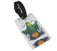 Luggage Tag with Full Back Privacy Cover â€“ Green Ghost Horror Halloween Pumpkin Print Secure ID Identifier for Travel, Suitcases, and Backpacks