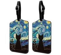 Luggage Tags for Suitcase,2 Pack Leather Suitcase Tag Identifiers with Metal Loop Address Card for Adult Travel Airport Handbag Backpack, Starry Night Black Cat, One Size