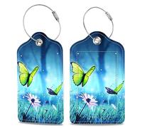 Luggage Tags for Suitcase Butterflies on Daisies in Forest 2 PCS Leather Travel Cruise Luggage Tag with Stainless Steel Loop Name ID Label Privacy Cover for Women Men Travel Bag Labels Set