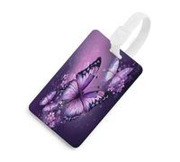 Luggage Tags for Suitcases with Beautiful Purple Butterfly Art Pattern, TPU Travel Bag Tags with Name Id Card, Durable Travel Accessories Essential Suitcase Labels