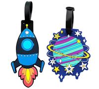 Luggage Tags for Travel Suitcase, 2 Pack Rocket Planet Silicone Suitcase Tags with 2 Additional Cards, Name Labels Baggage Identity ID Bags Handbag Backpacks Labels Gift for Women Men