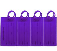 Luggage Tags with Name ID Card, 4 Packs Flexible Silicone Travel Baggage Tags ID Labels Suitcases Tags for Quickly Spot Travel Baggage Suitcase Backpacks - Purple