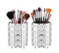 LUGUNU Personalized Makeup Brush Holder Organizer with Silver Crystal Bling, Vanity Storage Box for Pen, Pencil, and Brush Holder (Crystal Pot-Silver-2Pack)