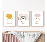 LUHDFYS Nursery Wall Art Print Dream Big Be Brave Shine Bright Inspirational Poster Painting Sun Rainbow Cloud Picture Canvas Artwork for Boys Girls Room Kids Bedroom Decor Unframed