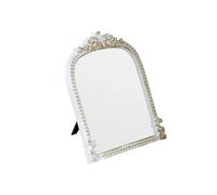 LuHeToz Antique White Plastic Arched Makeup Mirror, Table Standing, Hanging or Wall Mount, Bathroom,Bedroom White and Gold Decorative Mirror (27x 22 cm)