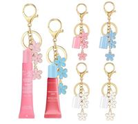 LUHOHI 4PCS Lip Balm Cap Keychain for Summer Fridays Lip 0.5oz Gloss With Flower Charms Portable Accessorie (No Lip Balm), 2 White + 1 Pink + 1 Blue(no Lip Balm), 4-Pack