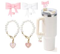 LUHOHI Pink Bow Stanley Straw Topper, 2pcs Pearl Chain for Stanley Cup Accessories Initial Letter s Handle with 2pcs Straw covers for Water Bottle Jewelry Tumbler Personalized Decorations Tag A