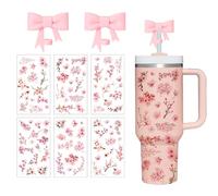 LUHOHI Waterproof Stickers for Stanley Cup- Including 2 Pcs Bow Straw Covers Topper 6pcs Flowers Stickers Decals for Stanley Cup Love Shack Fancy Tumblers Water Bottle Accessories Sakura-pink
