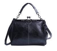 LUI SUI Women Retro Handbag, PU Leather Purse Vintage Top Handle Bag Kiss Lock Crossbody Shoulder Bag for Ladies Black