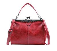 LUI SUI Women Retro Handbag, PU Leather Purse Vintage Top Handle Bag Kiss Lock Crossbody Shoulder Bag for Ladies Wine Red