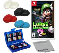 Luigi's Mansion 2 HD for Nintendo Switch, with PremGear Thumb Grips (8 pack - Black, Blue, Red & Clear), 24 Slot Game Card Holder & Cleaning Cloth