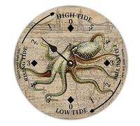LUIJORGY Retro Ocean Octopus Tide Clock Silent Non-Ticking Battery Operated Wooden Moon Tidal Clock Wood Wall Art Nautical Tide Movement Clock for Restaurant Living Room Home Decor 10 Inch