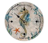 LUIJORGY Rustic Wood Tide Clock Ocean Hippocampus Tidal Clock Moon Clock Silent Non-Ticking Battery Operated Wooden Wall Clock for Living Room Bedroom Cottage Beach Boat Home Decor 15 Inch