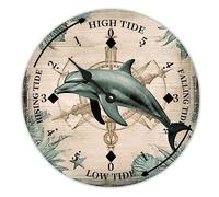 LUIJORGY Vintage Beach Time Tide Clock Dolphin Ocean Time Wooden Clock Wood Tidal Clock High And Low Tide Movement Clock for Beach Seaside House Cottage Hotel Camping 12 Inch