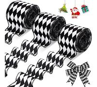 Luinabio 3 Rolls White Black Harlequin Ribbon 30 Yards 2.5 Inch Christmas Diamond Checkered Wired and Buffalo Plaid Decorative Gingham Wrapping for DIY Craft Wreath Making