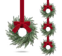 Luinabio 4 Pcs Christmas Pine Wreaths 11 Inch Christmas Kitchen Cabinet Mini Wreaths with Bow and Burgundy Ribbon Cabinet Hanging Decoration for Pillar Xmas Front Door Window Walls Home Decor