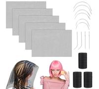Luinabio 5 Pcs Hair Net Black Stretchy Weaving Net Accessories, Weaving Needle Combo Medium and Small C J I Shape Needle, 3 Thread Black for Making Wig Sewing Hair Weave Extension (12 x 18 in)
