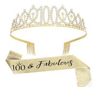 Luixenir 100th Birthday Sash and 100th Birthday Tiara, Rhinestone Crown Headband for Women, 100 and Fabulous Gold Birthday Party Supplies