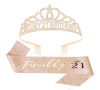 Luixenir 21st Birthday Tiara & Sash Set - Rose Gold Rhinestone Crown with Finally 21" Glitter Sash, Birthday Party Accessories for Women