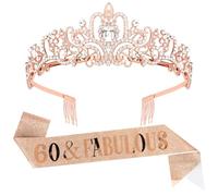 Luixenir 60th Birthday Sash and 60th Birthday Tiara, Rhinestone Crown Headband for Women, 60 and Fabulous Rose Gold Birthday Party Supplies