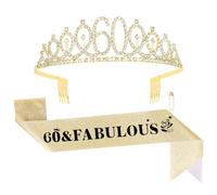 Luixenir 60th Birthday Sash and 60th Birthday Tiara, Rhinestone Crown Headband for Women, 60 and Fabulous Gold Birthday Party Supplies