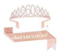 Luixenir 60th Birthday Sash and 60th Birthday Tiara, Rhinestone Crown Headband for Women, 60 and Fabulous Rose Gold Birthday Party Supplies