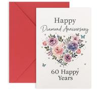 Luixenir 60th Diamond Wedding Anniversary Card 60th Premium Wedding Anniversary Card with Floral Heart Design and Envelope Perfect for Parents Grandparents Friends 60th Wedding Gift