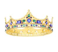 Luixenir Exquisite Gold Crown for Women Crowns and Tiaras with Sparkly Blue and Green Rhinestones, White Elegant Pearls Bridal Princess Crown Hair Accessories Perfect for Birthday Party Wedding