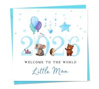 Luixenir New Baby Boy Card, 2026 Little Man Welcome To The World Greeting Card With Matching Blue Envelope, Watercolor Animal Balloon Design Blank Note Card For Baby Shower