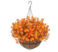 Luiywan Artificial Fall Flowers with Hanging Basket, Fake Mums Daisy Plants with Eucalyptus Leaves UV Resistant, Outdoor Autumn Decor for Home Garden Porch Patio Thanksgiving (Orange, 1 Pack)