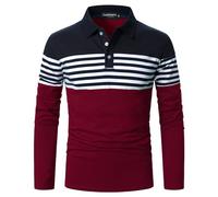 LUJENGEFA Mens Polo Shirts Long/Short Sleeve Striped Casual Slim Fit Golf Polo Contrast Color Summer Cotton T-Shirts, Long Sleeve Navy Blue+ Wine Red, Medium