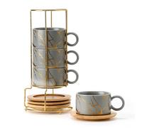 LUKA 6 Ounce Porcelain Stackable Espresso Cups with Saucers and Metal Stand Set of 4, Ceramic Cappuccino Cups Set for Specialty Coffee Drinks, Latte, Cafe Mocha and Tea, Gray