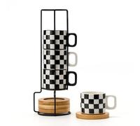 LUKA Ceramic Stackable Black and White Checkered Espresso Cups with Saucers and Metal Stand, 4 Ounce Small Demitasse Cups Set for Coffee Drinks, Latte, Tea - Set of 4