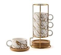 LUKA Porcelain Espresso Cup with Metal Stand, 6 Ounce Stackable Ceramic Demitasse Espresso Mugs Cappuccino Cups Set for Latte,Coffee,Cafe Mocha,Tea(Set of 4,White)