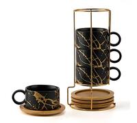 LUKA Porcelain Espresso Cup with Metal Stand, 6 Ounce Stackable Ceramic Demitasse Espresso Mugs Cappuccino Cups Set for Latte,Coffee,Cafe Mocha,Tea(Set of 4,Black)
