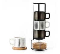 LUKA Porcelain Espresso Cup with Saucer and Metal Stand, 4 Ounce Stackable Ceramic Demitasse Espresso Mugs Cups Set for Latte, Specialty Coffee Drinks, Cafe Mocha,Tea - Set of 4, White & Black